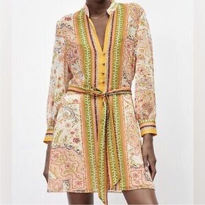 Zara Floral Print Boho Belted Shirt Dress Sz S NWT